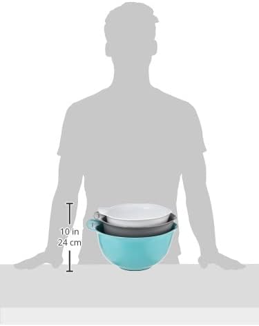KitchenAid Universal Nesting Plastic Mixing Bowls,Set Of 3,2.5 quart,3.5 quart,4.5-quart,Non Slip Base with Easy Pour Spout to Reduce Mess,Dishwasher Safe,Aqua Sky,White,Gray,(Pack of 2)