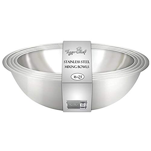 Tiger Chef Heavy Duty Mixing Bowl 16 Quart All-purpose Mixing Bowls for Home and Commercial Use - Best Prep Bowls for cake mixtures, dough’s, salads, pastas, dressings Stainless Steel - 2 Pack