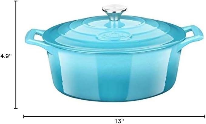 La Cuisine Enameled Cast Iron Oval Dutch Oven Casserole Pot with Lid, 6.75 QT Internal Matte Black Enamel for bread baking, 2-ton Teal Enamel Coating Finish Exterior, Oven Safe up to 480° F