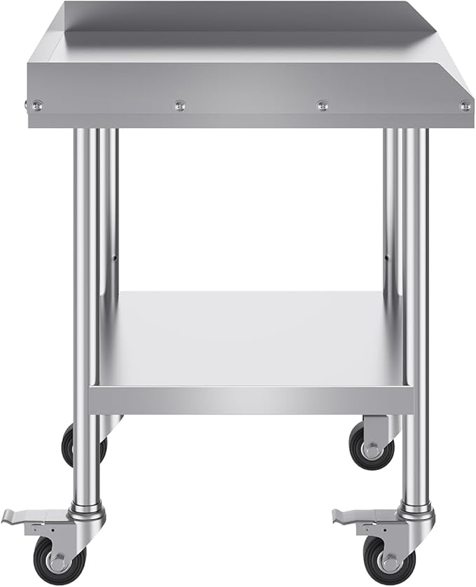 VEVOR Stainless Steel Work Table, 24 x 24 x 30 Inch Commercial Food Prep Worktable with 4 Wheels, Casters, 3-Sided Backsplash Heavy Duty Prep Worktable, Metal Work Table for Restaurant Home Hotel