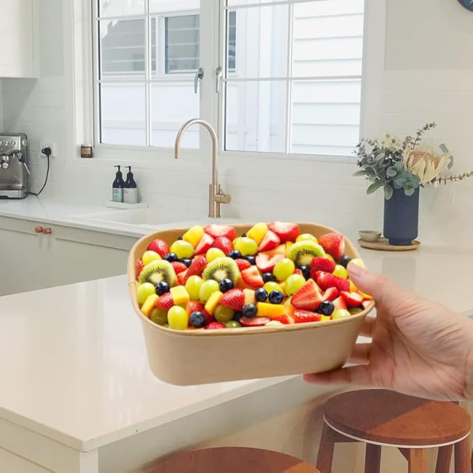 25 oz Disposable Bowls, 50 Sets Large Kraft Square Paper Bowls, Disposable Meal Prep Food Container with Sealing Lid, Microwave Safe Leakproof Serving Bowls, Perfect for Party Lunch Hot Soup