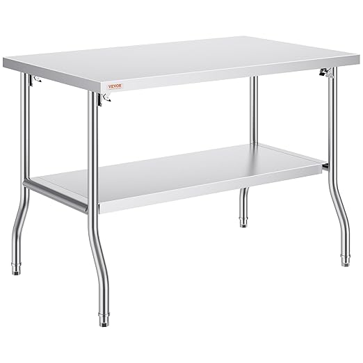 VEVOR Stainless Steel Foldable Work Table, 30 * 48 Inch Heavy Duty Food Outdoor Double Layer Stainless Steel Worktable for Commercial Kitchen Restaurant