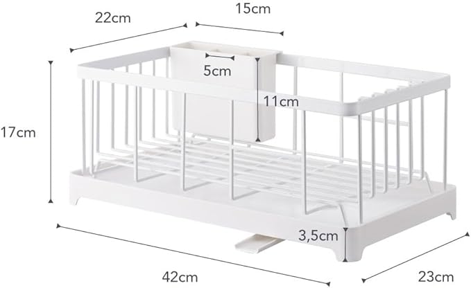 YAMAZAKI Home Tower Wire Dish Drainer Rack with Removable Drainer Tray with Drainage Spout, Utensils Holder - Steel -