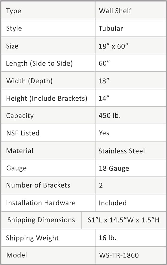 Premium Stainless Steel Tubular Wall Shelf ā 60" L x 18" D | NSF Certified | Heavy-Duty Equipment & Appliance Shelf for Restaurant, Kitchen, Garage, Utility Room