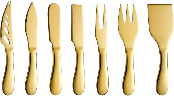 Gold Butter Knives Set 7 Pieces Stainless Steel Kitchen Utensils Gadgets includeButter Knife,Cheese Spreader,Cheese Forks, Cheese Slicer,Cheese Cutter,Cheese Knife,