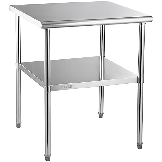 VEVOR Stainless Steel Prep Table, 30 x 30 x 36 Inch, 800lbs Load Capacity Heavy Duty Metal Worktable with Adjustable Undershelf & Feet, Commercial Workstation for Kitchen Garage Restaurant Backyard