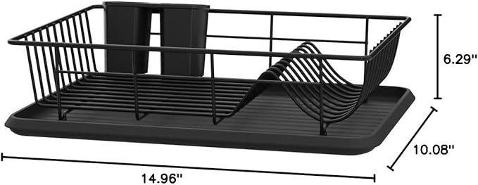 GSlife Small Dish Drying Rack for Kitchen Counter with Drainboard - Compact Dish Drainer for RV, Camper and Apartment, Rust-Resistant Wire Rack with Utensil Holder, 15"L x 10"W, Black