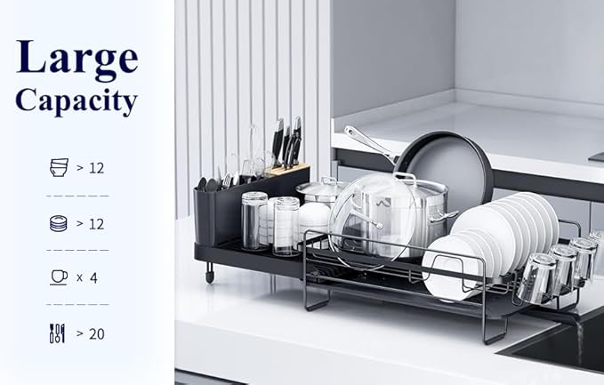 Large Dish Drying Rack-Extendable DishRack, Multifunctional Dish Rack for KitchenCounter, Anti-Rust Dish Drainers with Cutlery &Cup Holders 19.2"-26.7" Lx12.9 W