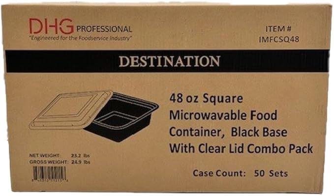 48oz Food Prep Containers with Black Base & Clear Lids - Square & 2" Depth Microwavable Disposable Freezer-Safe BPA-Free Plastic Meal Storage, Combo Pack of 50 sets
