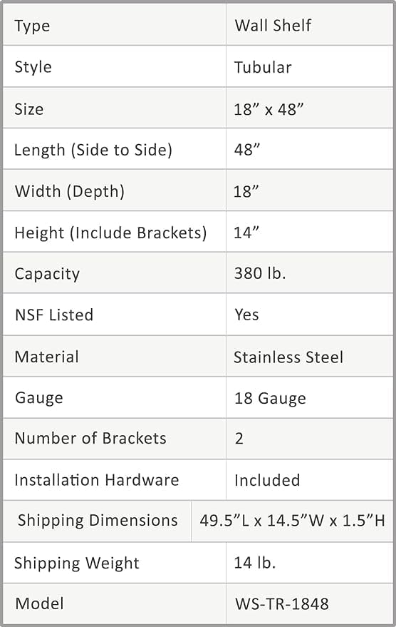 Premium Stainless Steel Tubular Wall Shelf ā 48" L x 18" D | NSF Certified | Appliance & Equipment Shelf for Restaurant, Kitchen, Utility Room, Garage
