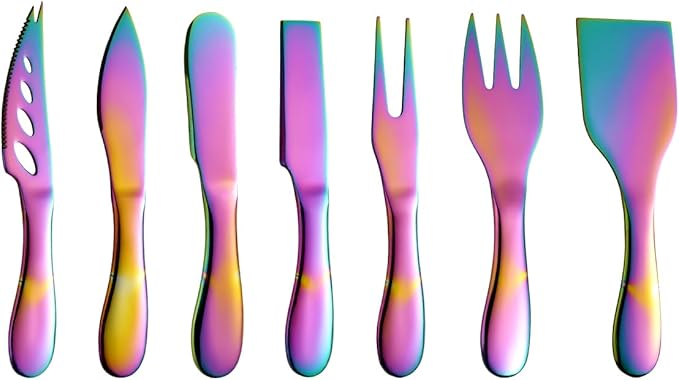 Rainbow Cheese Knives Set Stainless Steel Kitchenware Gadgets 7 Pieces include Colorful UtensilsCheese Knife,Cheese Spreader,Color Cheese Forks, Cheese Slicer,Cheese Cutter, Butter Knife