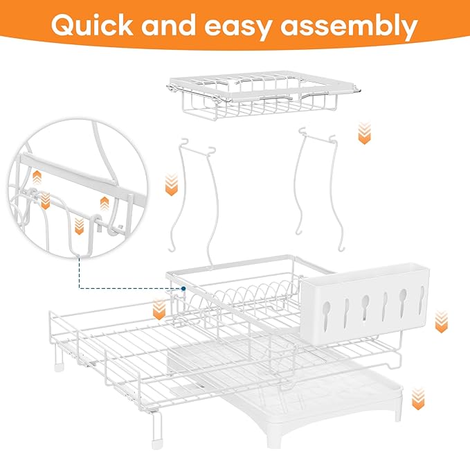 Dish Drying Rack for Kitchen Counter, Extendable Dish Rack with Drainboard, Kitchen Countertop 2 Tier Dish Drying Rack, Expandable Dish Strainer with Cutlery Holder, Removable Cutlery Holder(White)
