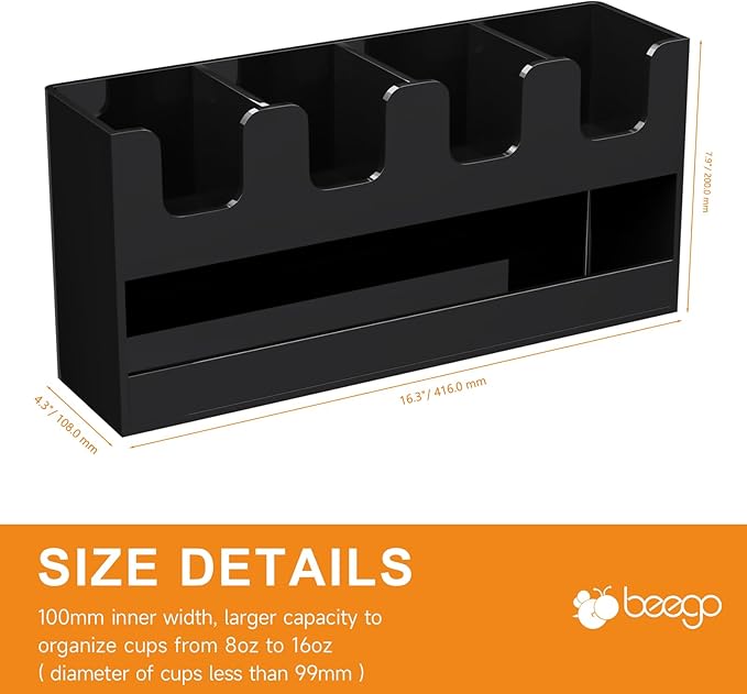 Beego 5-Compartment Cup Holder for Countertop - 2-Tier Black Acrylic Cup Dispenser Coffee Station Paper Cup and Lid Organizer Condiment Storage for Restaurant Breakroom Kitchen Bar Accessories