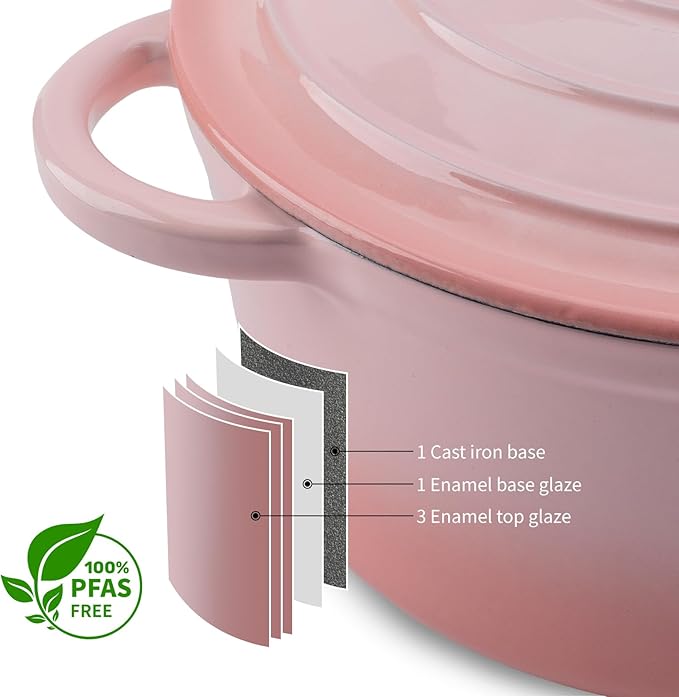 7QT Enameled Cast Iron Dutch Oven Pot with Lid,Heavy-Duty Cookware for Sourdough Bread Baking,Braising,Stews,Roasting,Oven Safe up to 500°F,pink