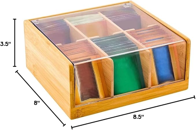 Restaurantware-8.5 x 8 x 3.5 Inch Tea Box Organizer, 1 Sustainable Tea Box Container - 6 Compartments, With Plastic Cover, Bamboo Tea Bag Organizer Storage Box, Durable, For Countertops And Cabinets