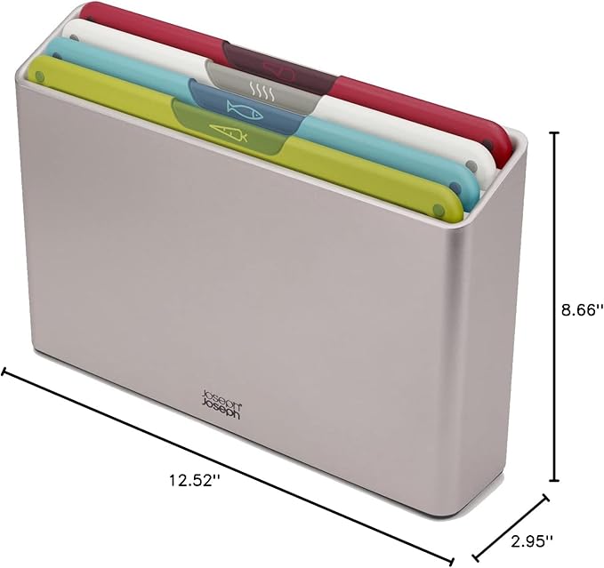 Joseph Joseph Folio Icon 4-Piece Multi Colour coded Cutting Board Set, Slimline case for organized Kitchen storage, Silver