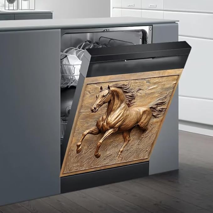 Dishwasher Magnet Cover, Bronze Gold Running Horse Refrigerator Magnetic Vinyl Sticker for Dishwasher Door, Metal Horse Decorative Kitchen Appliance Panel Decal, 23Wx26H Inches
