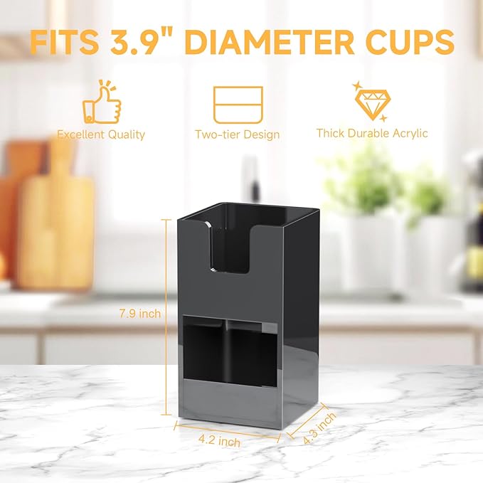 Coffee Condiment and Cup Organizer - 2-Tier Upright Cup and Lid Holder with Straw Organizer 2 Compartments Black Acrylic Cup Dispenser for Restaurant Breakroom Coffee Station Countertop