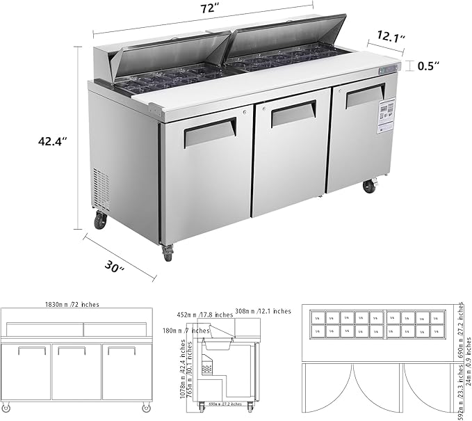 JINSONG 72" Refrigerator Sandwich & Salad Prep Table, Stainless Steel Refrigerated Food Prep Station, 20 cu. ft with Cutting Board and 18 Pans for Restaurants, Bar, Shops, etc
