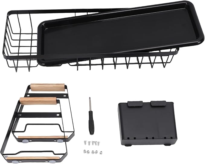 Dish Rack, Over Sink Metal and Wood Dish Drainer with Detachable Drip Tray and Utensil Holder, Space Saving Kitchen Organizer for Countertop (Black)