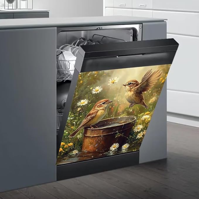 Dishwasher Magnet Cover, Bird and Daisy Garden Scene Refrigerator Magnetic Vinyl Sticker for Dishwasher Door, Rustic Country Decorative Kitchen Appliance Panel Decal, 23Wx26H Inches