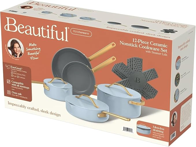 Pans12pc Ceramic Non-Stick Cookware Set by Drew Barrymore, Pots & Pans with Lids, Dishwasher‑Safe,Soft‑Touch Handles, Even‑Heat Base. (Cornflower Blue)