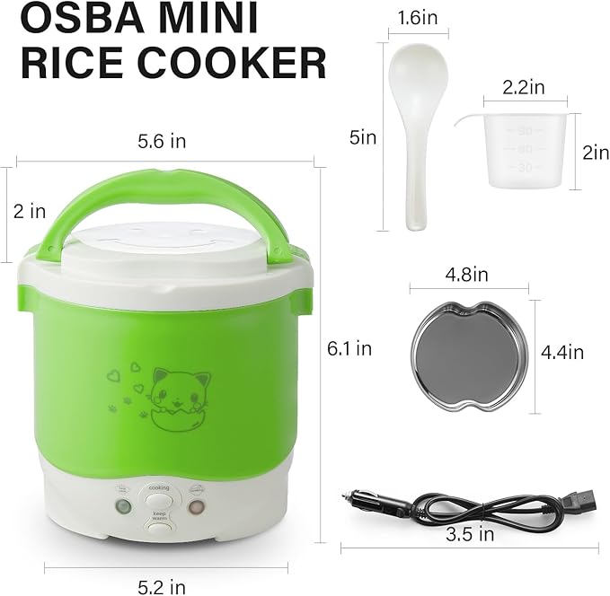 OSBA Mini Rice Cooker, 1L Travel Rice Cooker Small 12V For Car, Cooking For Soup Porridge and Rice, Cooking Heating and Keeping Warm Function(Green)