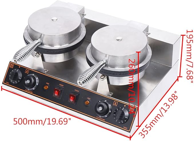 LYNICESHOP Commercial Waffle Cone Maker, 2 Grids Commercial Waffle Maker Nonstick Cone Ice Cream Waffle Baking Machine Electric Stainless Steel Egg Roll Mold Nonstick Waffle Cone Maker