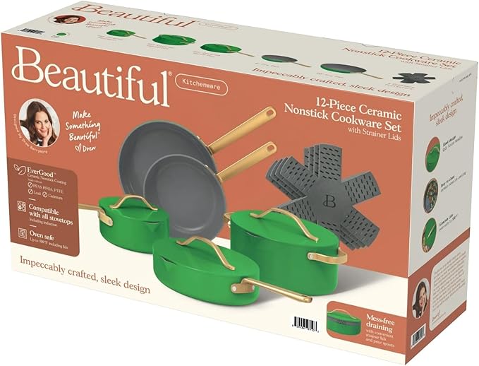 Pans12pc Ceramic Non-Stick Cookware Set by Drew Barrymore, Pots & Pans with Lids, Dishwasher‑Safe,Soft‑Touch Handles, Even‑Heat Base. (Kelly Green)