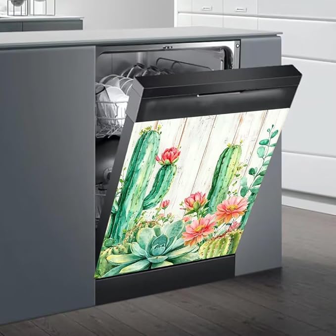 Cactus Succulent Floral Dishwasher Magnet Cover, Desert Plants Refrigerator Magnetic Vinyl Sticker for Dishwasher Door, Rustic Wood Decorative Kitchen Appliance Panel Decal, 23Wx26H Inches