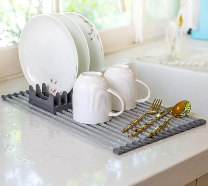 Aluminum Roll Up Dish Drying Rack Over Sink - Supports up to 55 lbs | Heavy Duty Square Bar | Rust-Free Anodized & Heat Resistant Cooling Rack with Removable Dish Holder (Purple Gray, Medium)