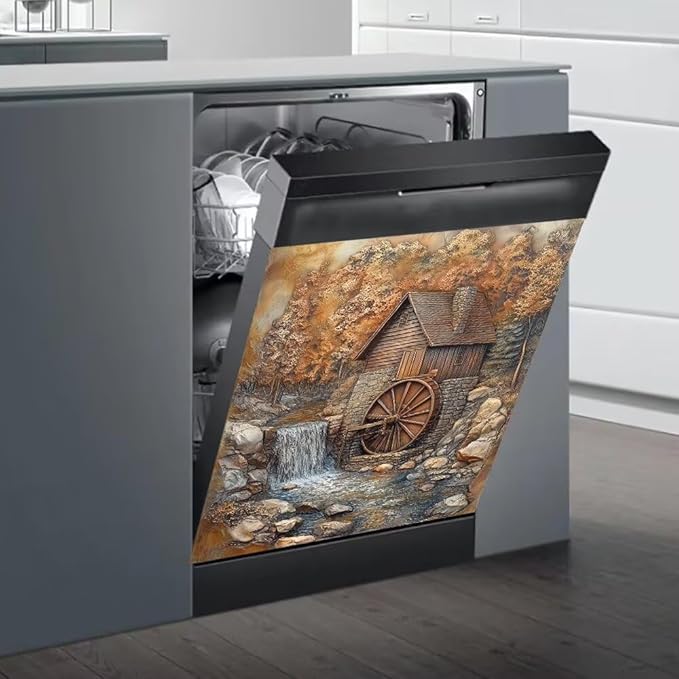 Rustic Water Mill Dishwasher Magnet Cover, Waterfall Scene with Cottage Refrigerator Magnetic Vinyl Sticker for Dishwasher Door, Decorative Kitchen Appliance Panel Decal, 23Wx26H Inches