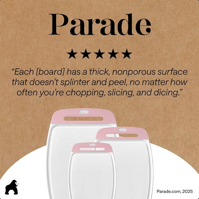 GORILLA GRIP BPA-Free Reversible Kitchen Cutting Board Set of 3, US Designed, Nonporous, Juice Grooves Catch Liquid, Slip Resistant Border, Dishwasher Safe, Durable Large Food Chopping Boards, Pink
