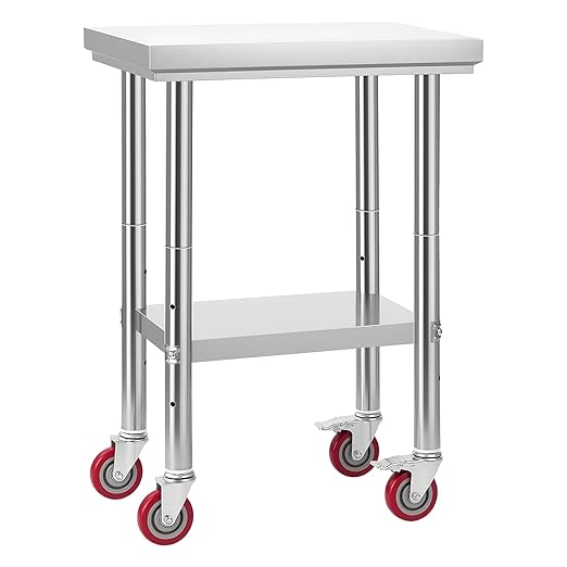VEVOR Stainless Steel Table, 24 x 18 Inches Food Prep Worktable with Wheels, Kitchen Prep Table with Adjustable Undershelf Workstations for Commercial Kitchen, Restaurant, Hotel and Garage, Outdoor