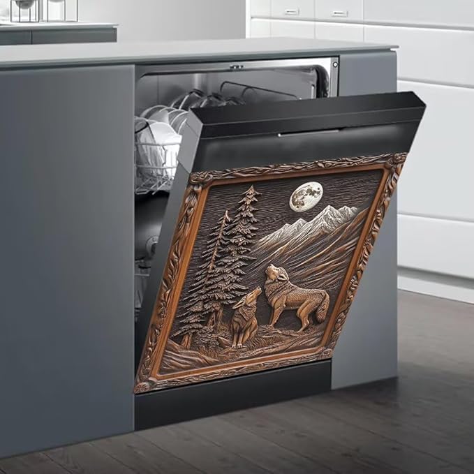 Dishwasher Magnet Cover, Wolf Howling at Moon Mountain Scene Refrigerator Magnetic Vinyl Sticker for Dishwasher Door, Decorative Kitchen Appliance Panel Decal, 23Wx26H Inches