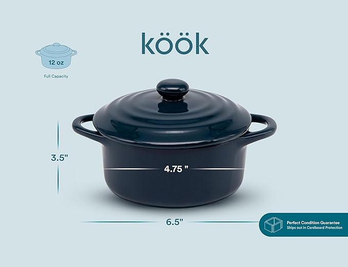 Kook Ceramic Mini Cocotte Set, Small Casserole Dishes with Lids and Handles, Individual Baking Ramekins, Oven safe 500F, Microwave & Dishwasher Safe, Stoneware, 12 oz, Set of 4, (Navy)