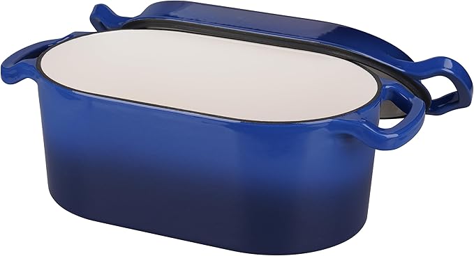 Oval Dutch Oven Pot with Lid, Enamel Coating Cast Iron Bread Pans for Homemade Sourdough Bread Baking, Cooking, 4 Quart, Blue