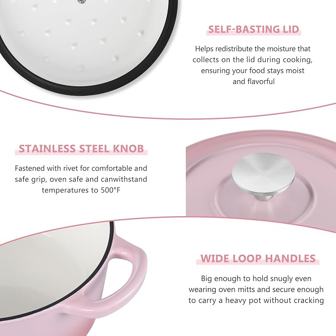 E-far 3 Qt Enameled Cast Iron Dutch Oven with Lid, Small Round Nonstick Dutch Oven Pot for Bread Baking Braising Stews Roasting Cooking, Heavy Duty, Induction & Oven Safe - Pink