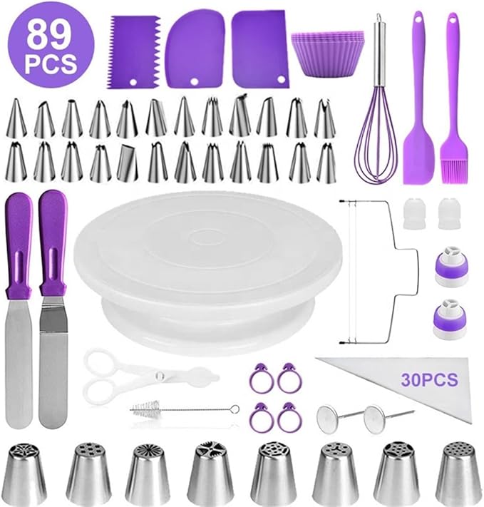 89 piece set of decorative baking tools set, cake rotary table, decorative nozzle, spatula, and egg beater