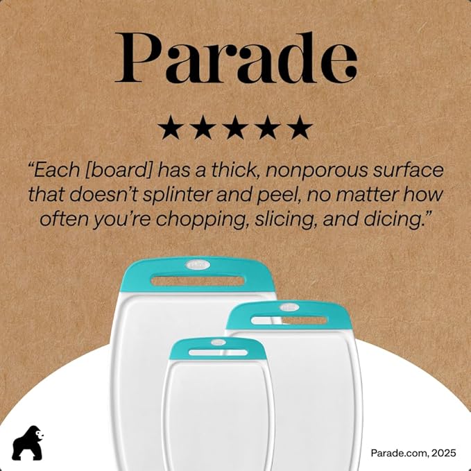 GORILLA GRIP BPA-Free Reversible Kitchen Cutting Board Set of 3, US Designed, Nonporous, Juice Grooves Catch Liquid, Slip Resistant Border, Dishwasher Safe Durable Large Food Chopping Boards Turquoise