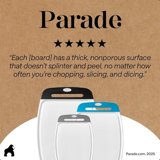 GORILLA GRIP BPA-Free Reversible Kitchen Cutting Board Set of 3, US Designed, Nonporous, Juice Grooves Catch Liquid, Slip Resistant Border, Dishwasher Safe Large Food Chopping Boards, Black Aqua Gray