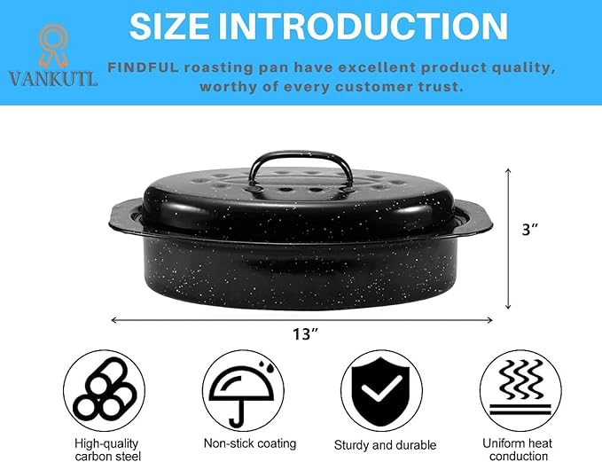 13 Inch Small Roasting Pan with Lid - Covered Oval Roaster - Enamel Carbon Steel Roaster Pot - Excellent Heat Distribution and Non-sticky - for Turkey Chicken Meat & Vegetables
