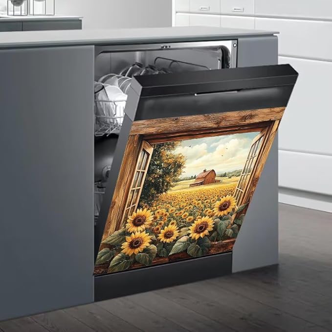 Rustic Barn Window View Dishwasher Magnet Cover,Sunflower Field Refrigerator Magnetic Vinyl Sticker for Dishwasher Door, Vintage Wood Kitchen Appliance Panel Decal, 23Wx26H Inches