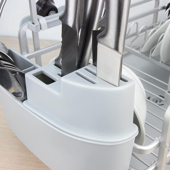 Evelyne GMT-10353-B Aluminum Dish Drying Rack with Utensil Holder - 2 Tier Kitchen Countertop Rust Proof Dish Rack Lid Hanger and Drainboard Set - Large Dish Organizer Rack