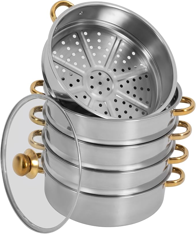 5-Tier Stainless Steel Steamer Pot, 1.32 Gal Large Capacity Stackable Food Steamer for Healthy Cooking, with Clear Lid & Gold Handle, Fits Gas/Induction/Electric Stoves, Silver/Gold