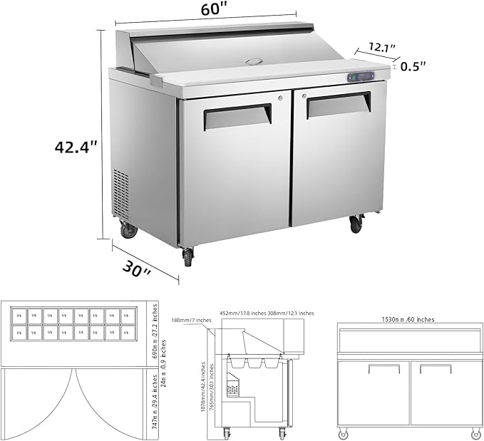 JINSONG 60" Refrigerator Sandwich & Salad Prep Table, Stainless Steel Refrigerated Food Prep Station, 16.4 cu. ft with Cutting Board and 16 Pans for Restaurants, Bar, Shops, etc