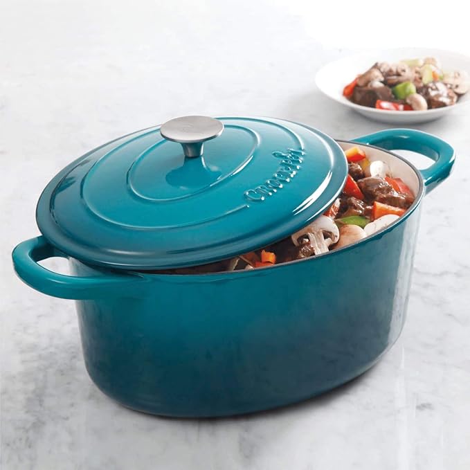Crock-Pot Artisan 7-Quart Oval Enameled Cast Iron Dutch Oven – Teal Ombre, Durable Cookware for Slow Cooking, Roasting, Baking with Lid