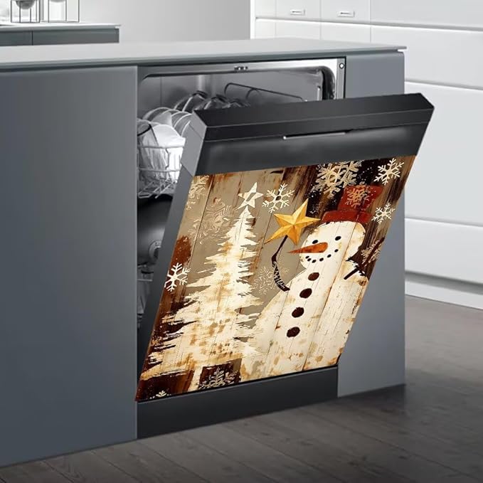 Christmas Snowman Dishwasher Magnet Cover, Rustic Winter Holiday Theme Refrigerator Magnetic Vinyl Sticker for Dishwasher Door, Decorative Kitchen Appliance Panel Decal, 23Wx26H Inches