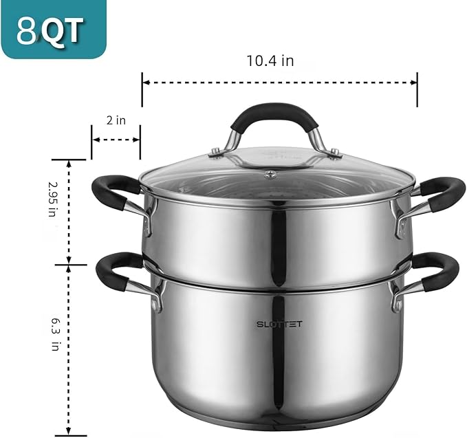Stainless Steel 8 Quart Stock Pot with Steamer,8 Qt Deep Soup Pot for cooking,Multipurpose Stockpot with silicone Stay-cool Handle.Dishwasher and Oven Safe,Induction Stainless Steel Cookware