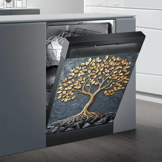 Tree of Life Dishwasher Magnet Cover, Farm Tree Refrigerator Magnetic Vinyl Sticker for Dishwasher Door, Gold and Black Decorative Kitchen Appliance Panel Decal, 23Wx26H Inches